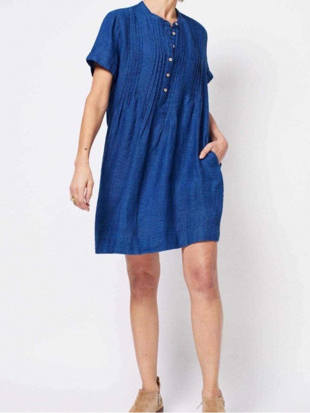 Faherty Gemina Basketweave Dress Linen Size M Blue Pintuck Pockets Coastal Vaca